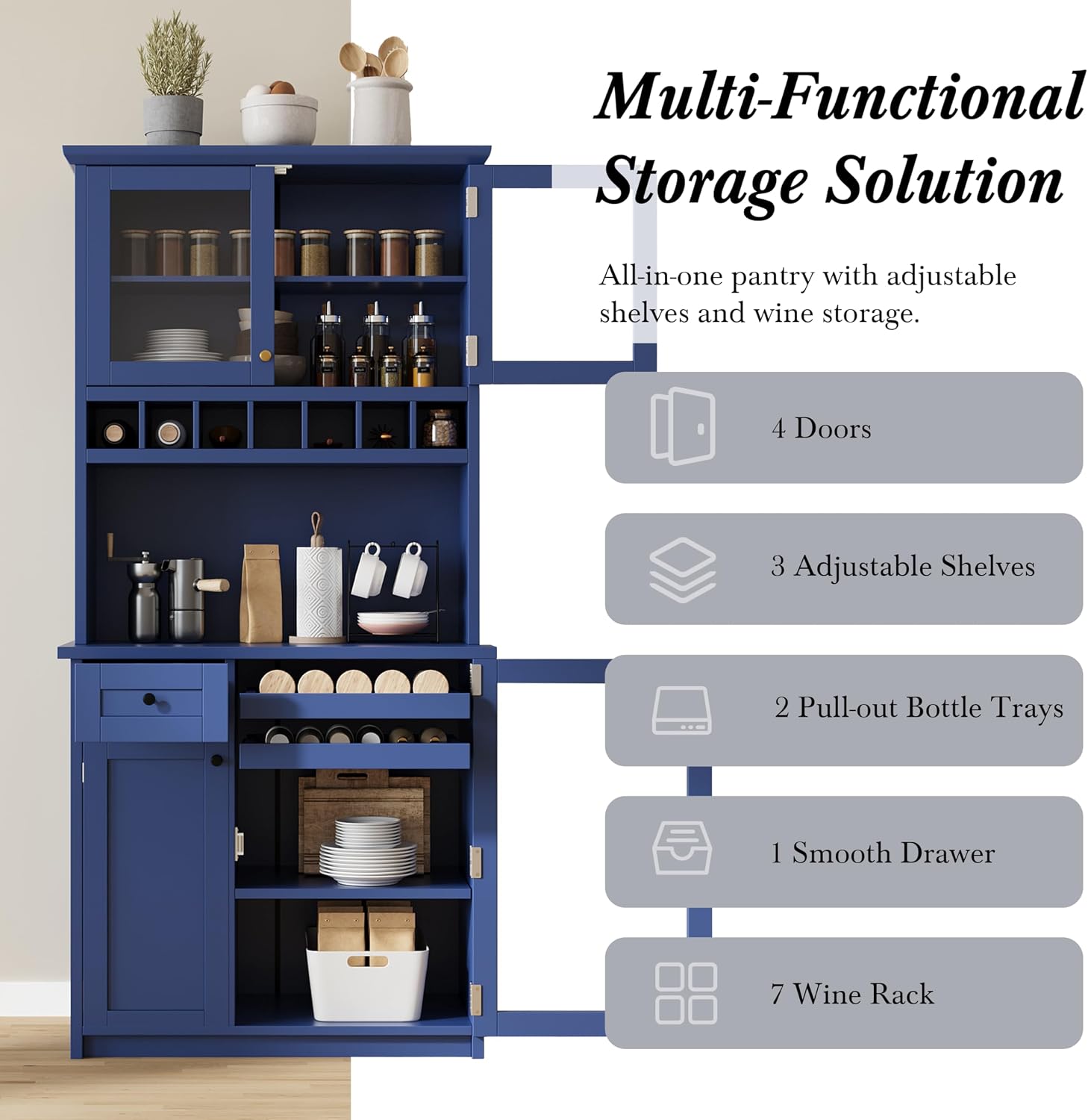 Merax Kitchen Pantry Cabinet, 74”Storage Cabinet with 2 Bottle Trays & 3 Adjustable Shelves, Kitchen Cabinets with Drawer and 7 Wine Rack, Glass Door, Tall Cabinets for Pantry, Blue