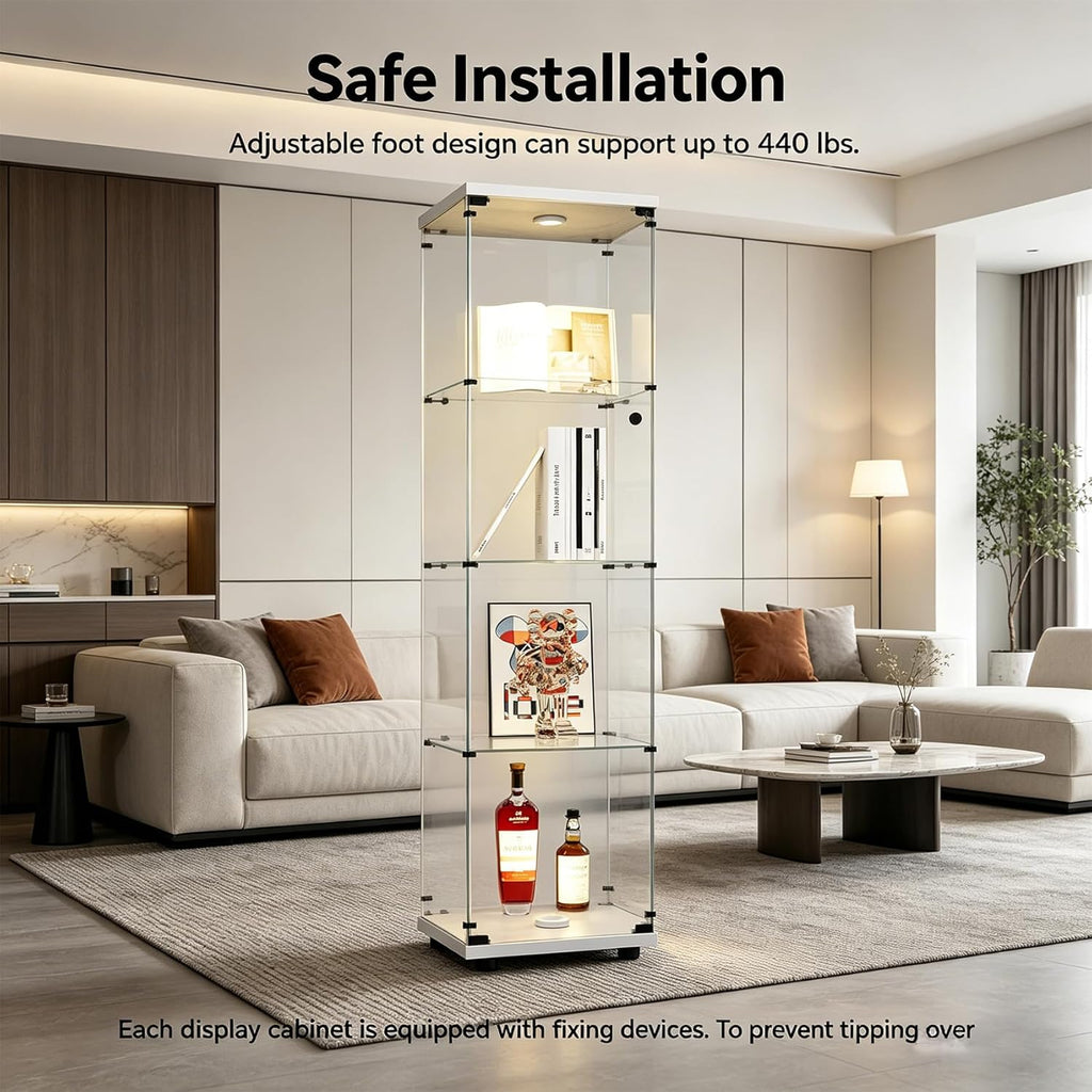 Glass Display Cabinet with Lights - 64.7" Tall Curio Cabinets with Glass Doors & 4 Shelves - LED Action Figure Display Case, Lighted Display Cabinet (White)
