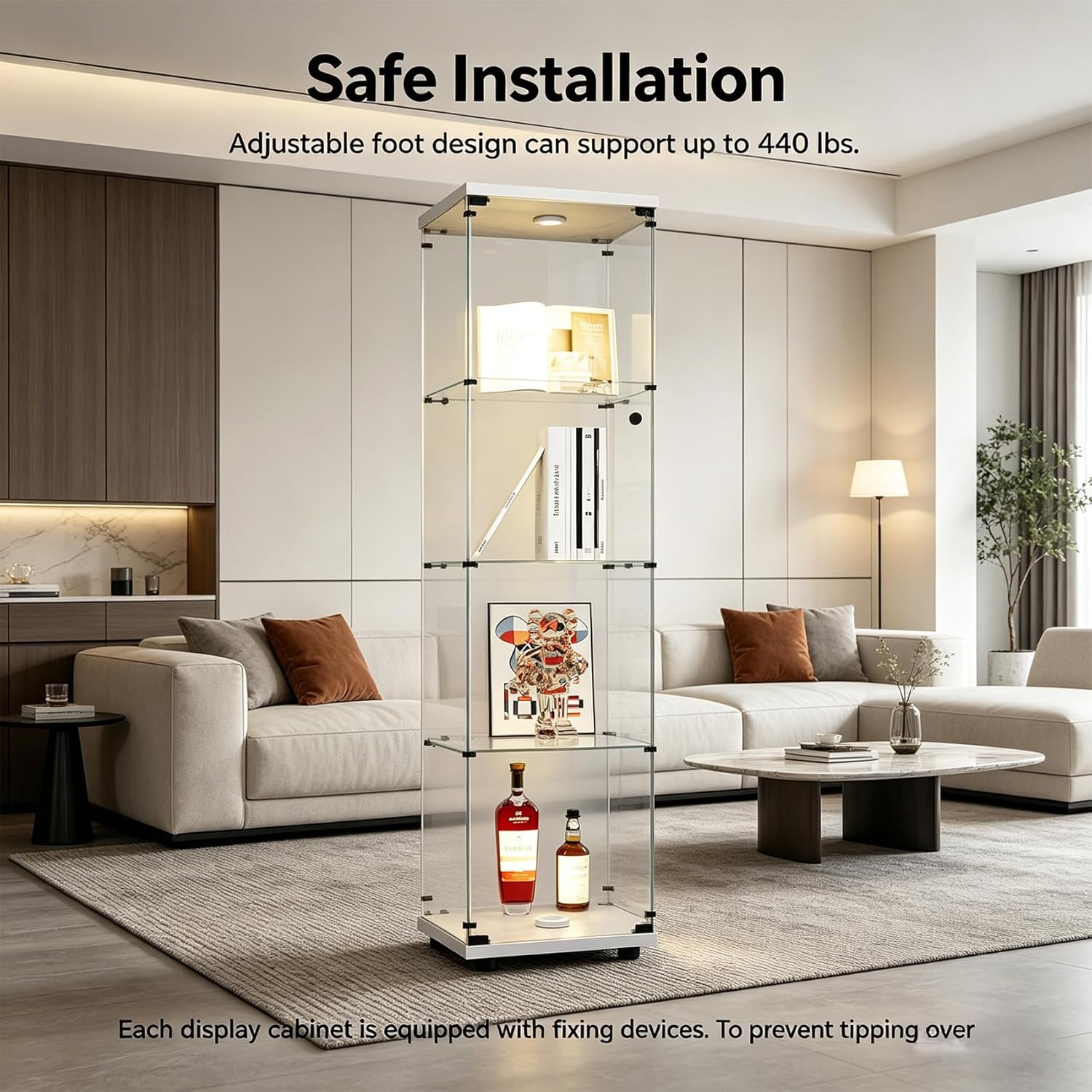 Glass Display Cabinet with Lights - 64.7" Tall Curio Cabinets with Glass Doors & 4 Shelves - LED Action Figure Display Case, Lighted Display Cabinet (White)
