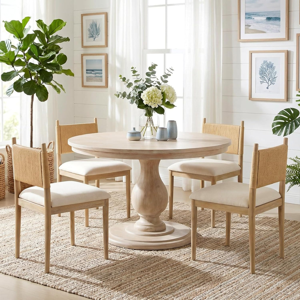 chairus Modern Coastal Dining Chairs Set of 2, Linen Upholstered Fabric Dining Room Chairs with Woven Rope Back, Farmhouse Wooden Kitchen Chairs, Natural Wood