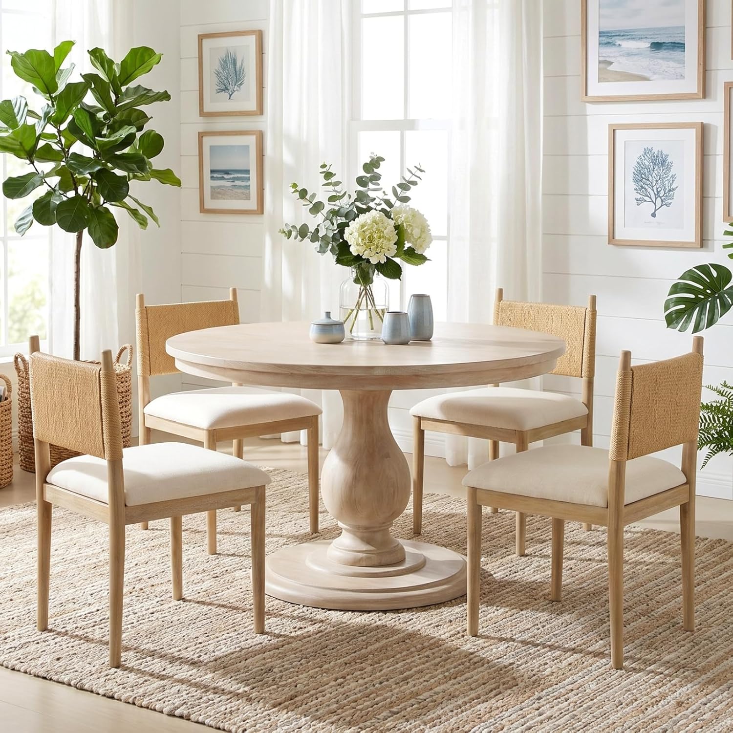 chairus Modern Coastal Dining Chairs Set of 2, Linen Upholstered Fabric Dining Room Chairs with Woven Rope Back, Farmhouse Wooden Kitchen Chairs, Natural Wood