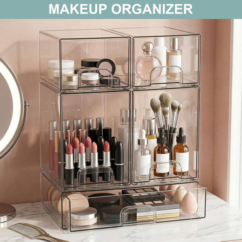 POLRAI 5 Pack Baby Bottles Organizer with Brush and Hooks, Stackable Acrylic Storage Boxes for Baby Bottles, Makeup, Small Items, Clear Storage Containers for Kitchen, Bathroom, Bedroom, Cabinet