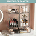 POLRAI 5 Pack Baby Bottles Organizer with Brush and Hooks, Stackable Acrylic Storage Boxes for Baby Bottles, Makeup, Small Items, Clear Storage Containers for Kitchen, Bathroom, Bedroom, Cabinet
