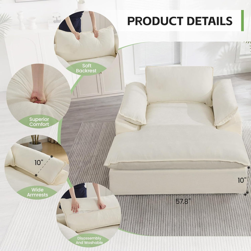 HUBSON 69" Oversized Boneless Chaise Lounge Chair Indoor, Comfy Deep Seat Sleeper Lounge Couch, Upholstered Chenille Cloud Chairs for Living Room, Bedroom, Apartment, No Assembly Required, Beige