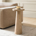 HULALA HOME Modern Round Marble Side Table, 24" High End Table with Sculptural Cone-Shaped Oak Wood Base, Genuine Stone Top Accent Table for Living Room, Bedroom, Small Spaces, Fully Assembled, Oak