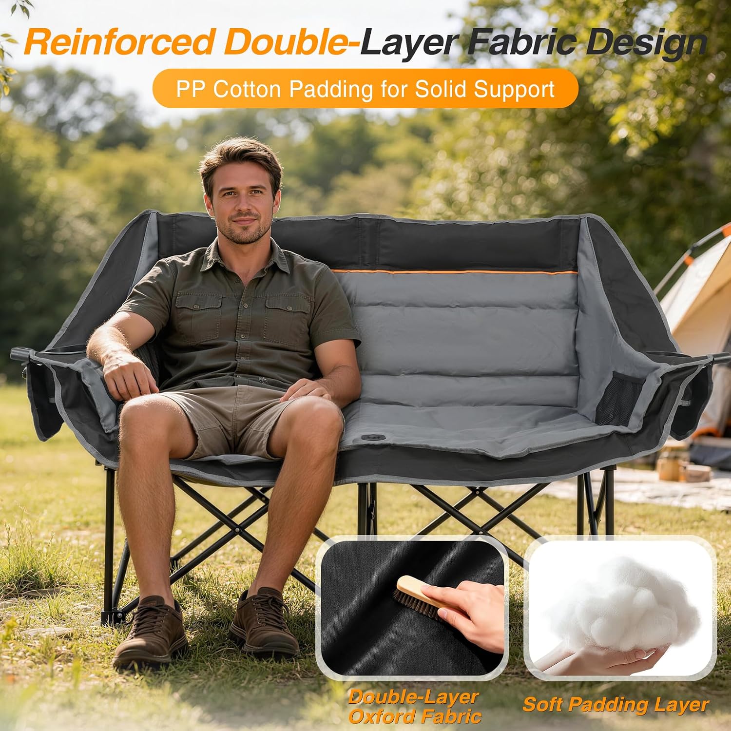 Suteck Double Camping Chair, 660lbs Oversized Camping Couch w/Independent Seats, Folding Camping Loveseat w/2 Cup & Wine Glass Holders, 1200D Oxford, Side Pocket & Carry Bag, for Camping, Lawn, Patio