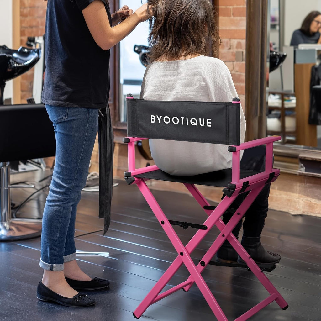 BYOOTIQUE 28" Makeup Artist Stool Chair Folding Director Chair Camping Chair with Comfortable Footrest for Makeup Studio Salon Event Mobile Service,Pink