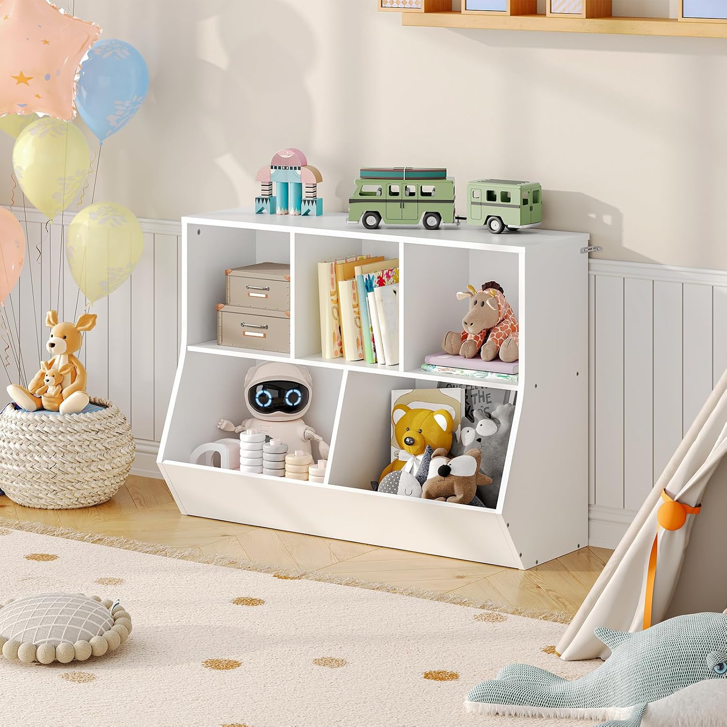 HOOBRO Kids Bookshelf, Bookcase Footboard, Toy Storage Cubby, Children's Toy Shelf, 35.4" L Storage Cabinet, Fit for Children's Room, Playroom, Hallway, Kindergarten, White WT32CW01