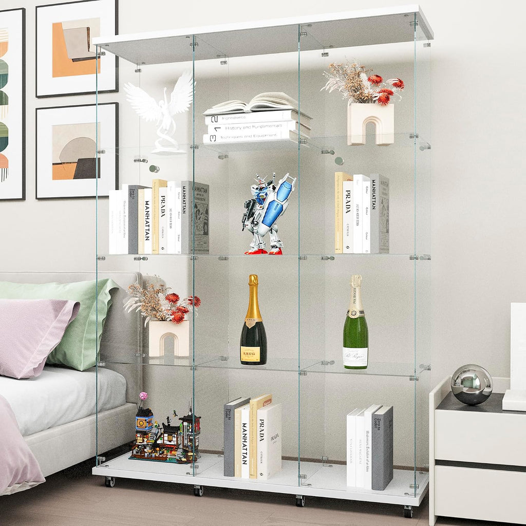 FANYUSHOW Tempered Glass Display Cabinet 12-Shelves Curio Cabinet with 3 Columns and Lock Extra Large Display Shelf Showcase for Living Room/Bedroom/Office- White 66.5" H x47.7 L x 14.5" W
