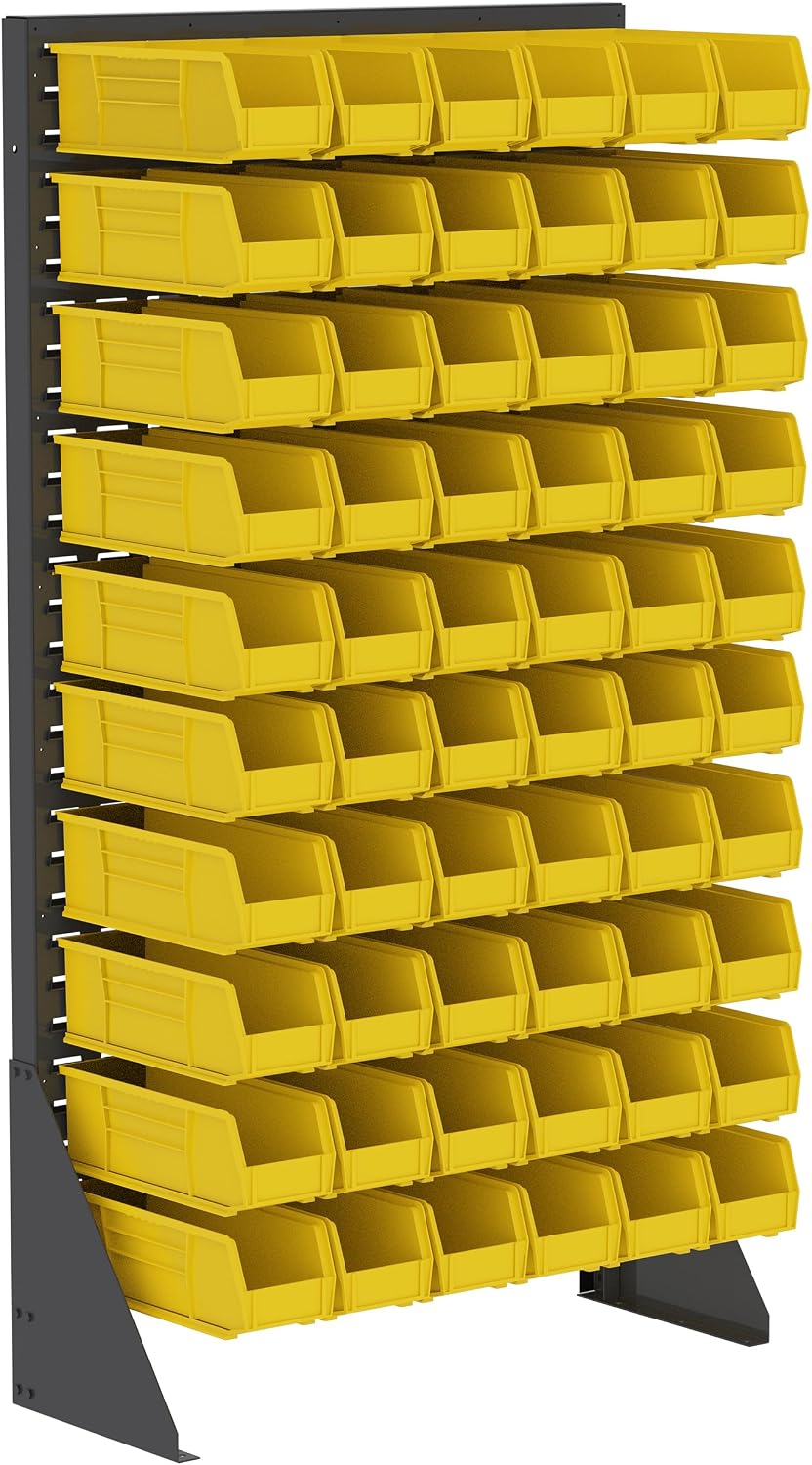 Akro-Mils 36"x13"x66" Louvered Steel Single Sided Floor Rack Organizer with 12-Pack of 15 x5 x5 AkroBins Stackable Plastic Storage Bins (Blue), Organization Bundle for Garage, Workshop, Classroom
