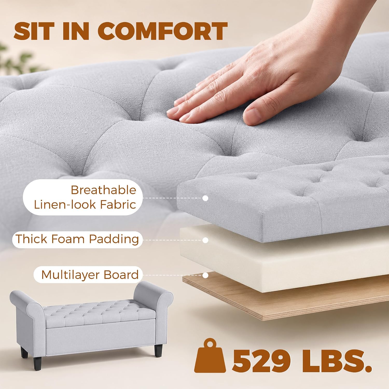 HOMCOM 47" Storage Ottoman Bench, Tufted Long Ottoman with Storage Chest, Rolled Arms, Safety Hinge, Wooden Legs, Upholstered End of Bed Bench, 528 lbs for Bedroom, Entryway, Living Room, Light Gray