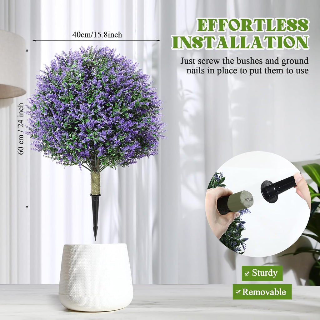 Lunmon 2 Pack 24" Artificial Topiary Ball Plants Trees with Flowers, Outdoor Fake Topiary Plants with Ground Spike, UV Resistant Faux Bushes for Indoor Outdoor Front Door Decor(Purple,Rose)