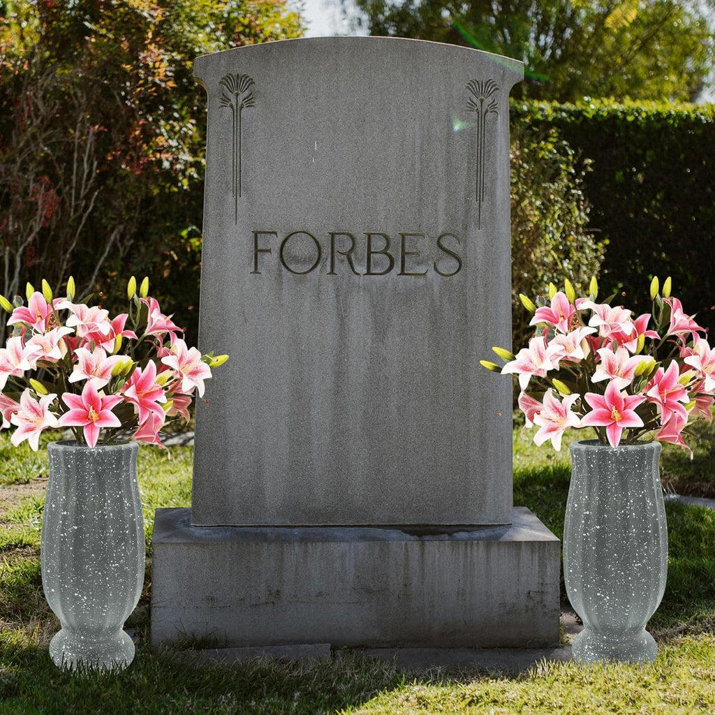 2PCS Cemetery Vases for Grave-Durable Plastic Grave Vases Flower Holder with Metal Spikes Bow Decor for Cemetery Headstones, Outdoor Grave Decorations for Memorial Gifts for Loss of Loved One - Grey