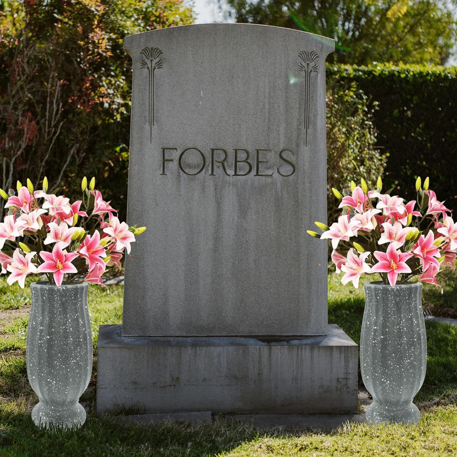 2PCS Cemetery Vases for Grave-Durable Plastic Grave Vases Flower Holder with Metal Spikes Bow Decor for Cemetery Headstones, Outdoor Grave Decorations for Memorial Gifts for Loss of Loved One - Grey