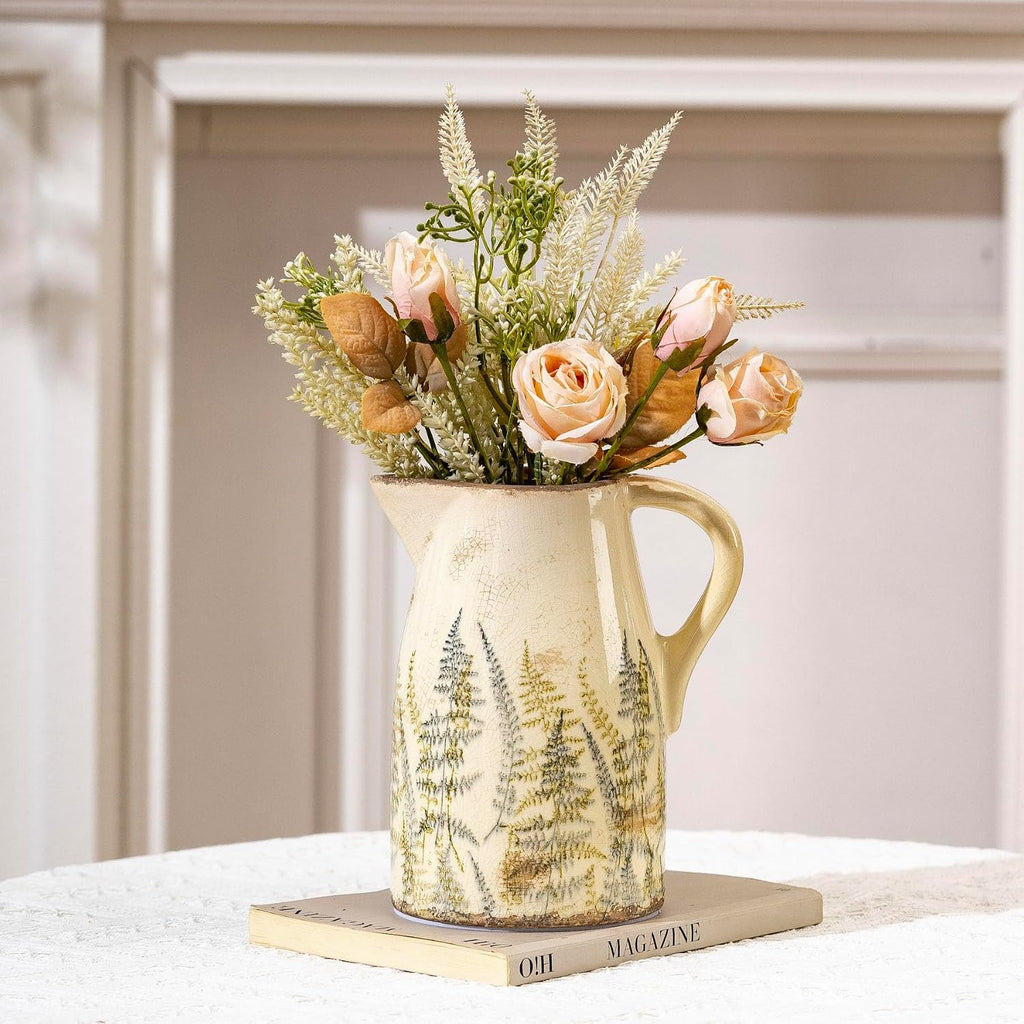 Vintage Ceramic Pitcher Vase with Handle 7.3”, Green & Purple Floral Farmhouse Vase, French Country Decorative Centerpiece for Living Room, Bookshelf