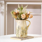 Vintage Ceramic Pitcher Vase with Handle 7.3”, Green & Purple Floral Farmhouse Vase, French Country Decorative Centerpiece for Living Room, Bookshelf