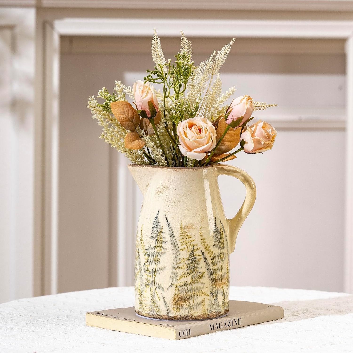 Vintage Ceramic Pitcher Vase with Handle 7.3”, Green & Purple Floral Farmhouse Vase, French Country Decorative Centerpiece for Living Room, Bookshelf