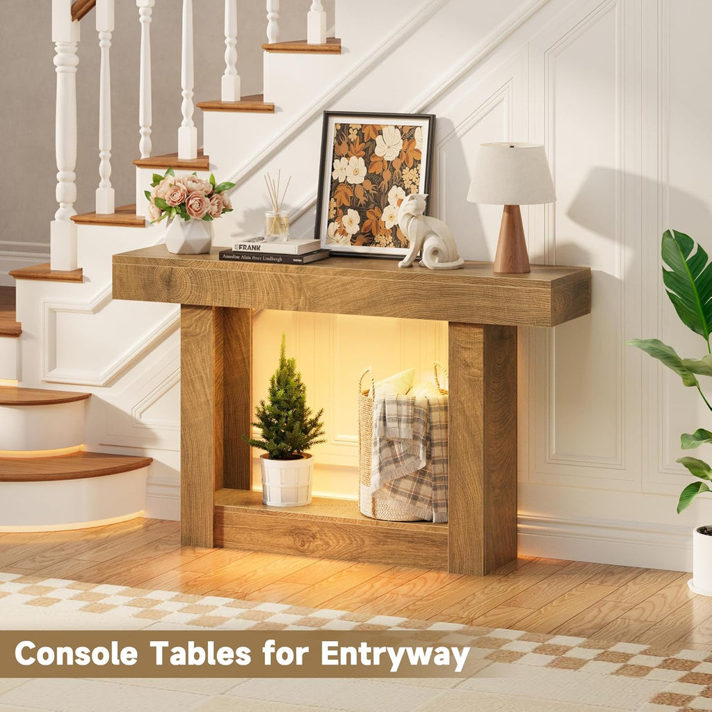 LIFECHOVY 47.2" Entryway Table with Outlet, 2-Tier Narrow Console Table with Sensor Light, Behind the Couch Sofa for Hallway/Living Room/Entrance, Natural Oak
