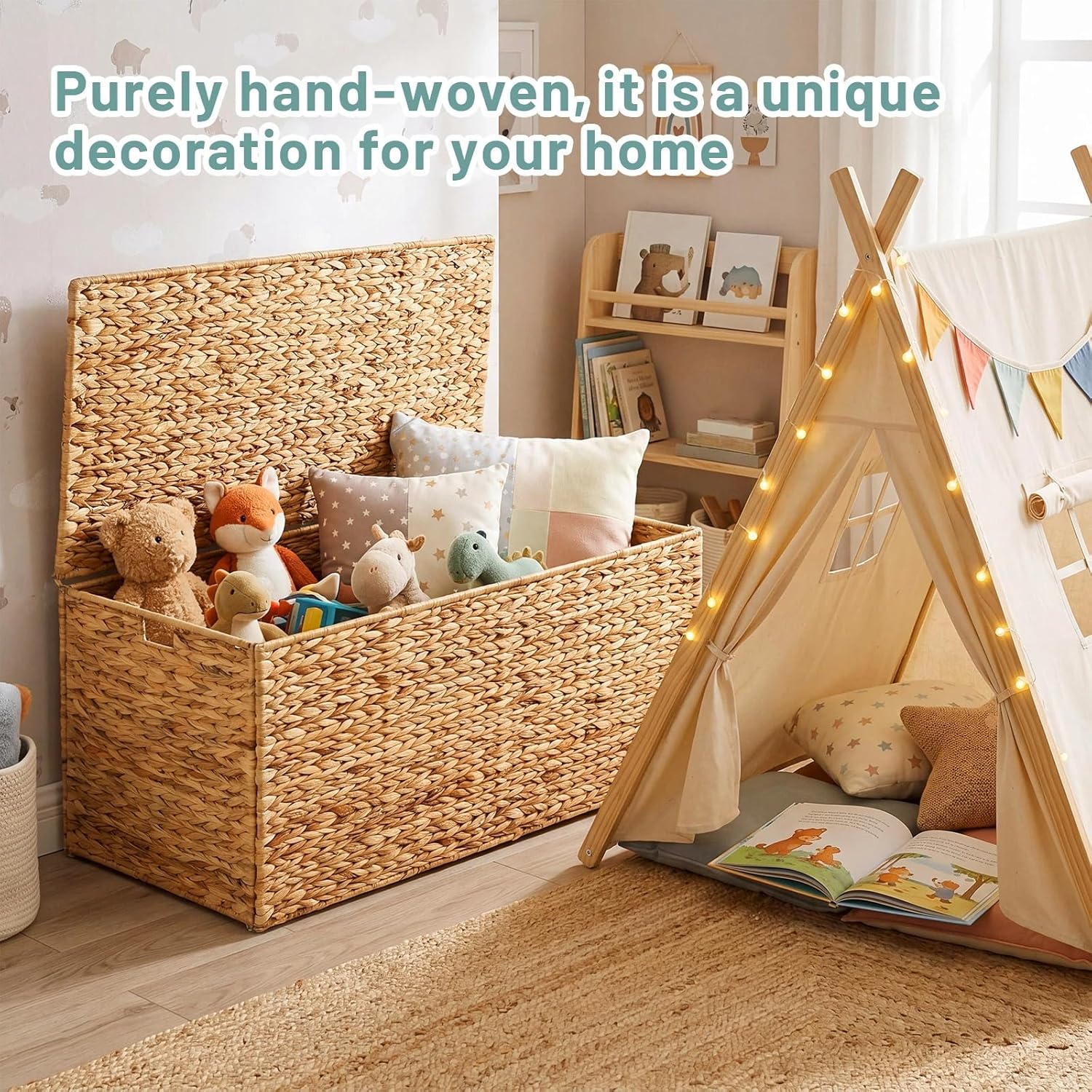 Wonderjune 42 x 20 x 18.5'' Water Hyacinth Wicker Storage Trunk with Metal Frame, Heavy Duty Storage Chest with Lid Large Rattan Basket for Blankets, Seasonal Clothes, Extra Bedding (Natural,Flat Lid)