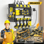 SPACECARE Power Tool Organizer with Charging Station 6 Outlets, 3-Layer Heavy Duty Wall Mount Drill Storage Rack, Cordless Tool with Utility Shelf, Garage Organization and Storage for Workshop- Black