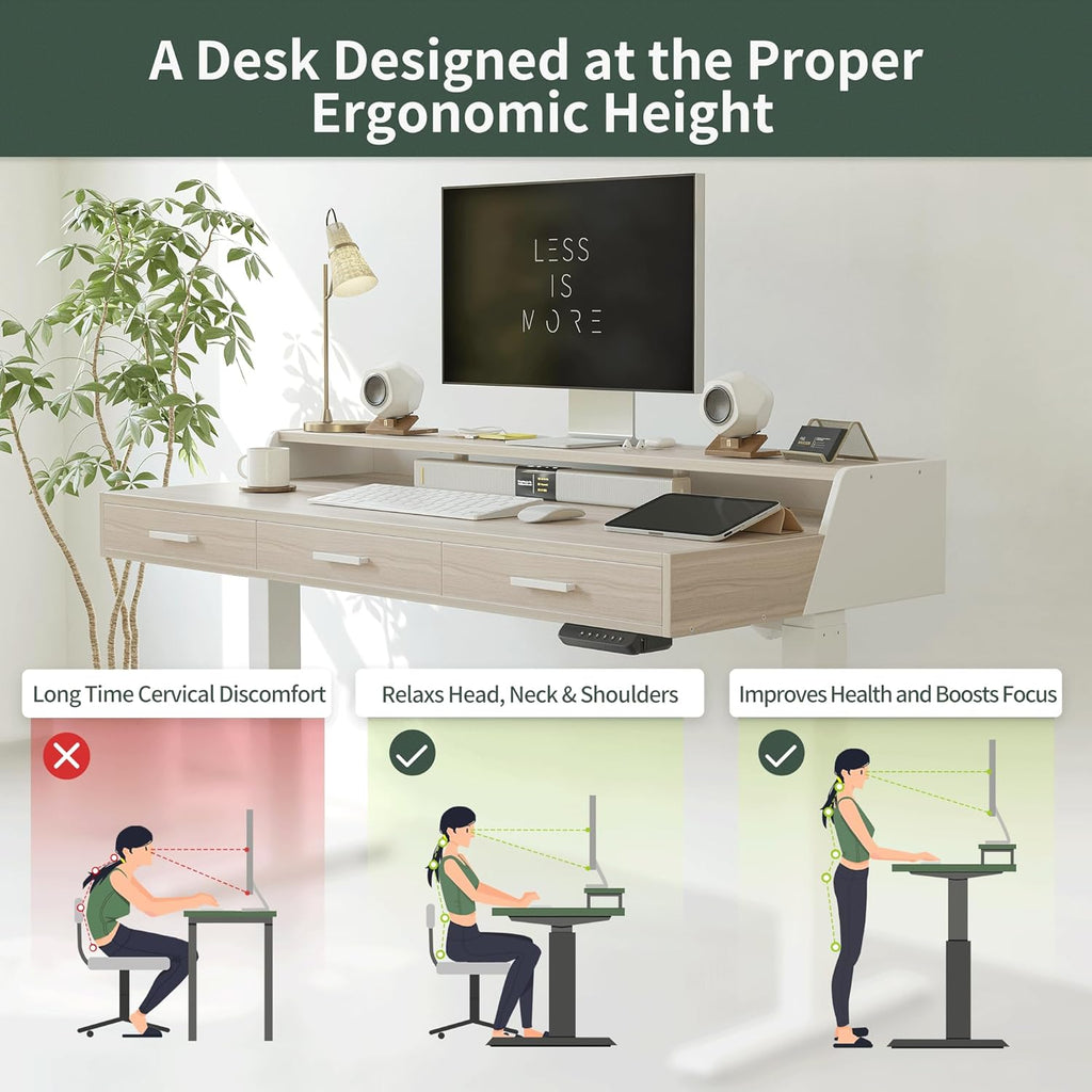 CubiCubi Standing Desk 55x26 Inches with 3 Wood Drawers and Monitor Shelf, Ergonomic Rising Home Office Desks, Height Adjustable Computer Desk, Sit Stand Up Electric Workstation Table, Pale Walnut