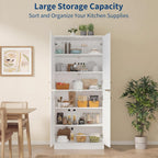Garvee Kitchen Pantry Cabinet, 68'' Pantry Storage Cabinet with 4 Doors and 4 Adjustable Shelves, Wooden Freestanding Cupboard for Kitchen, Dining Room and Living Room and Bedroom, White