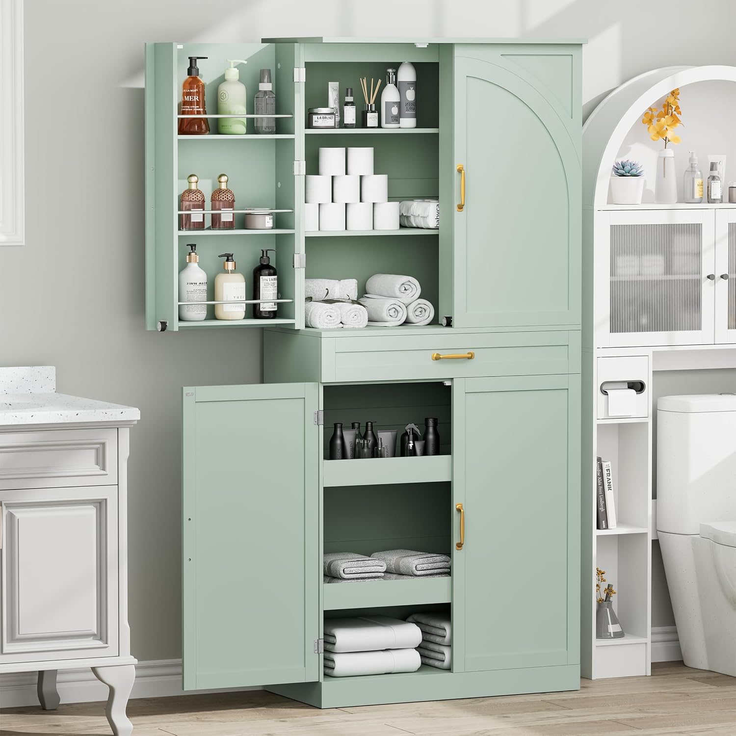 HQZX 71’’ Tall Kitchen Pantry Cabinet, Pantry Storage Cabinet with 6 Doors Shelves, Large Drawer & 2 Pull Out Shelves, Freestanding Cupboard for Kitchen, Dining Room, Green