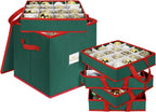 Christmas Ornament Storage Box Stores 64 Ornaments, with Adjustable Dividers, 4 Removable Trays, Dual Zippers, Non-Woven Christmas Ornament Organizer Holder, Christmas Ball Storage Container