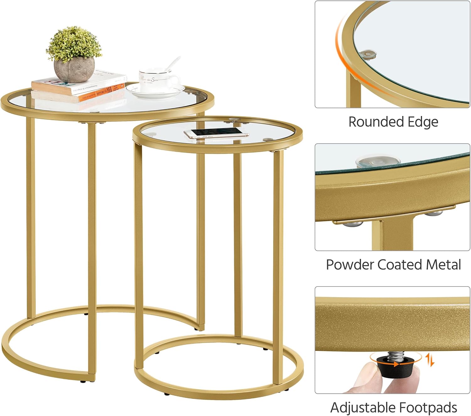 Yaheetech Round Nesting Side Table Stacking Coffee Table, Set of 2 Circular End Tables w/Metal Frame & Tempered Glass Top & Protective Foot Pads for Small Space Living Room Office, Mustard Gold