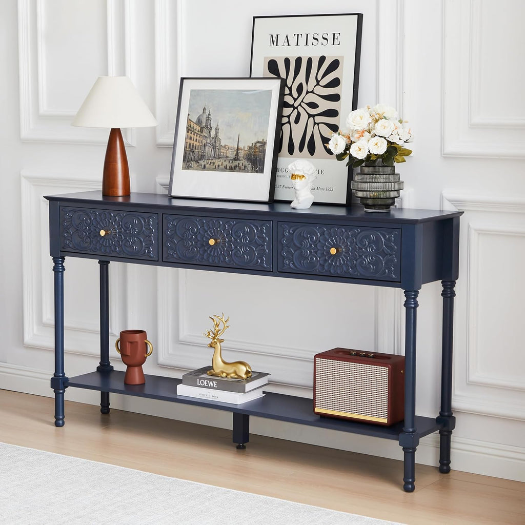 weselon 55.5" Carved Console Table with 3 Drawers, 2-Tier Sofa Table with Glossy Floral Surface and Solid Wood Legs, Mid-Century Modern Entryway Table for Living Room Hallway (Midnight Blue)