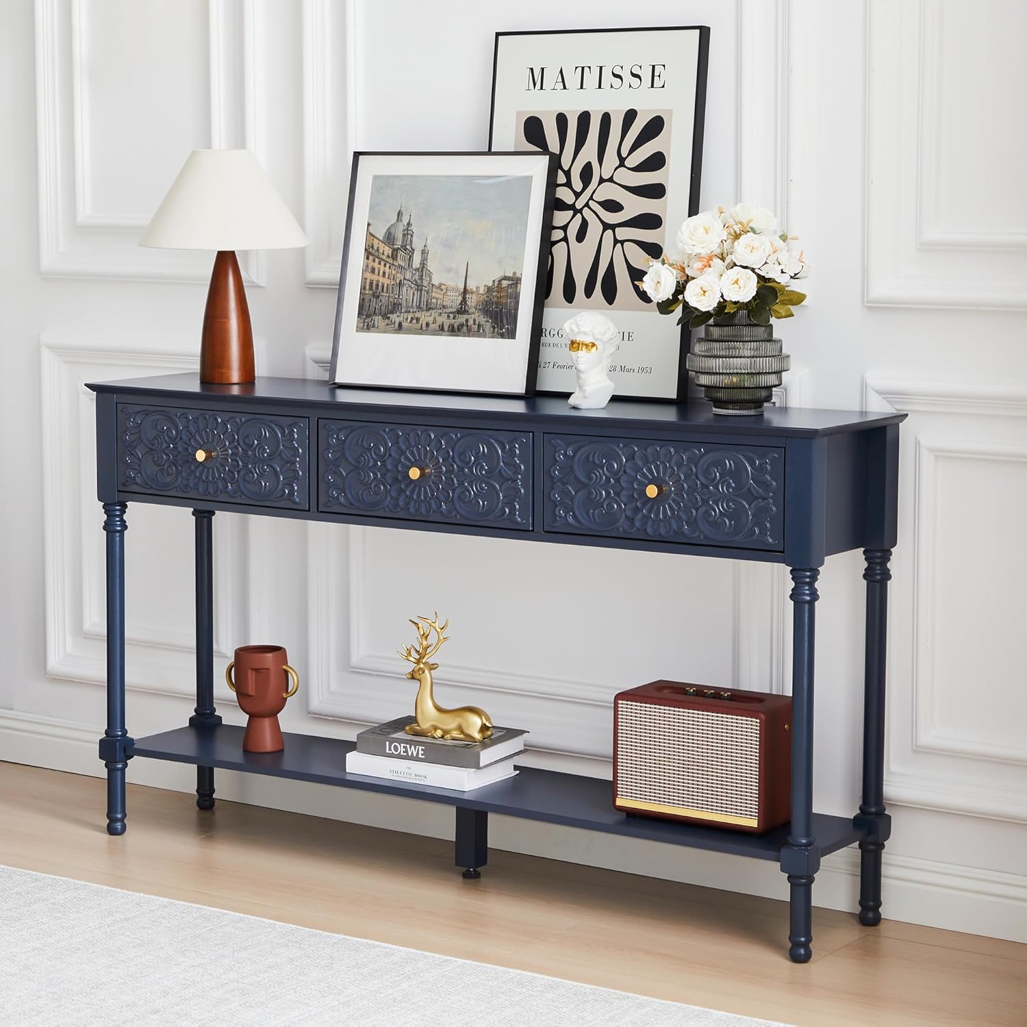 weselon 55.5" Carved Console Table with 3 Drawers, 2-Tier Sofa Table with Glossy Floral Surface and Solid Wood Legs, Mid-Century Modern Entryway Table for Living Room Hallway (Midnight Blue)