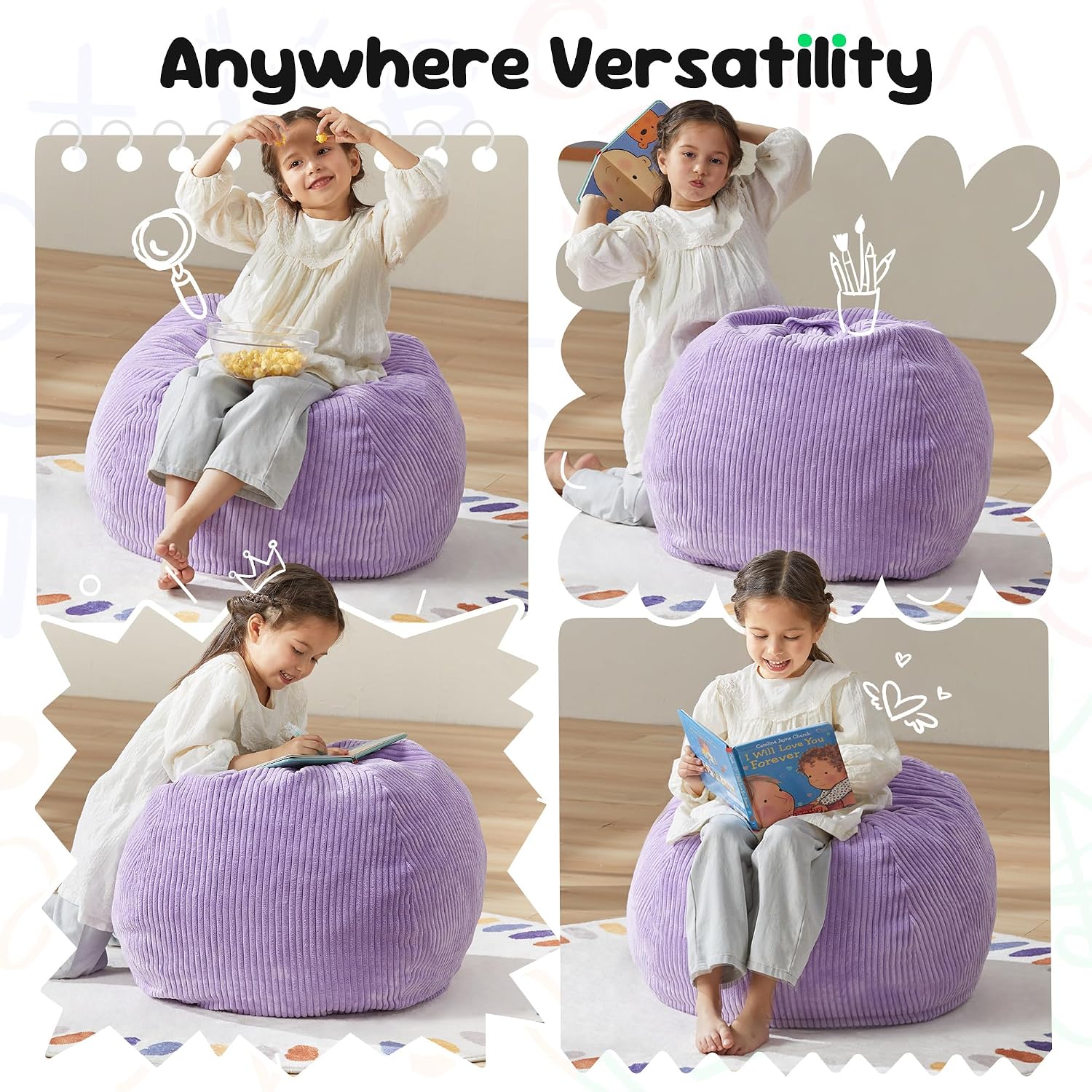 Hobestluk Kids Bean Bag Chair Teardrop Shape with Filling, 2.5FT Purple | Soft Fabric, Corduroy Cover, Removable and Washable, Memory Foam Filler, Portable Handle, Gaming, Relaxing, For Living Room