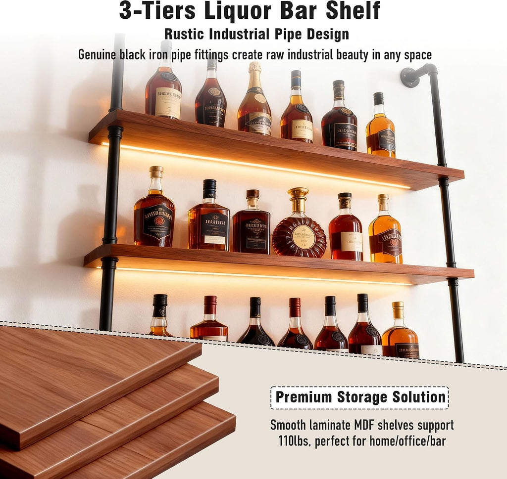 32" Wine Rack Wall Mounted with LED Lights, 3-Tiers Wall Bar Shelves | Solid Wood, Rustic Industrial Pipe Floating Shelves for Home, Restaurant, Commercial Bar, Kitchen Storage Display