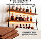 32" Wine Rack Wall Mounted with LED Lights, 3-Tiers Wall Bar Shelves | Solid Wood, Rustic Industrial Pipe Floating Shelves for Home, Restaurant, Commercial Bar, Kitchen Storage Display