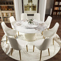 Montary 9 Piece Dining Table Chairs Set, Modern Dining Table Set of 8, Includes 59" D Marble Round Table with Beige Cylindric PU Wooden Base, 8 Beige Gold Dining Chairs for Home, Kitchen