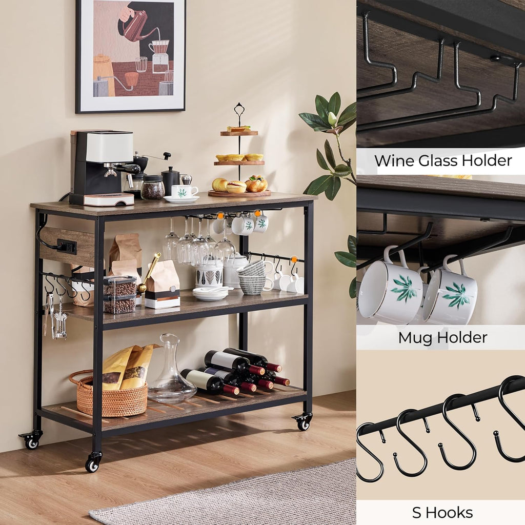 Yaheetech Kitchen Island Cart with Power Outlet, Kitchen Carts on Wheels with Storage, 3-Tier Microwave Stand with Foodpads, Glass and Mug Holders, 8 Hooks, Taupe Wood