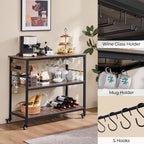Yaheetech Kitchen Island Cart with Power Outlet, Kitchen Carts on Wheels with Storage, 3-Tier Microwave Stand with Foodpads, Glass and Mug Holders, 8 Hooks, Taupe Wood