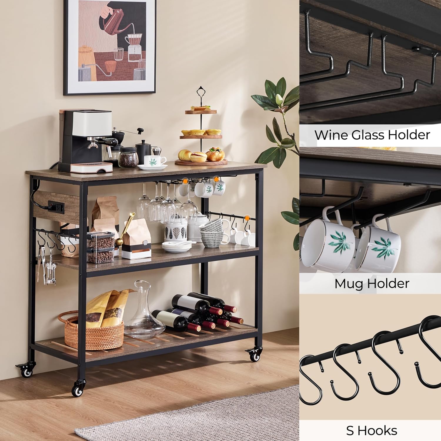 Yaheetech Kitchen Island Cart with Power Outlet, Kitchen Carts on Wheels with Storage, 3-Tier Microwave Stand with Foodpads, Glass and Mug Holders, 8 Hooks, Taupe Wood