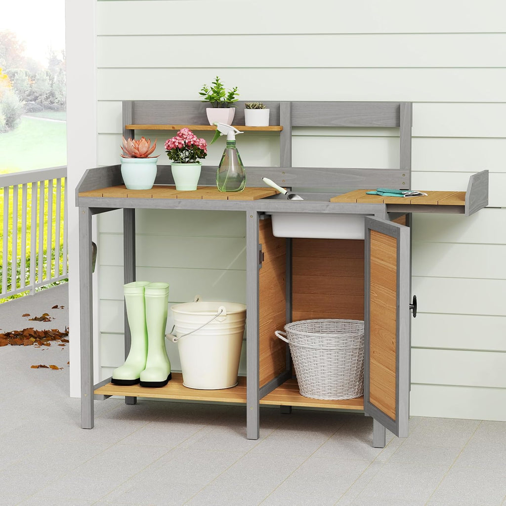 Outdoor Wooden Potting Bench Table with Sink, Garden Table Work Bench with Storage, Workstation for Outside Patio Lawn