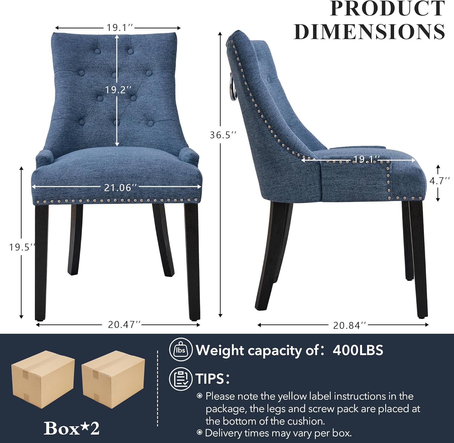adochr Dining Chairs Set of 4, Upholstered Fabric Dining Room Chairs with Nailhead High Back & Ring Pull & Wooden Legs, Mid-Century Modern Kitchen Chairs for Restaurant, Living Room, Navy Blue