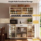 FJTJBSI 72" Tall Pantry Storage Cabinet with LED Light 55" Wide Kitchen Pantry Cabinet with Charging Station and Adjustable Shelves Modern Kitchen Hutch with Wine Rack and Large Countertop White