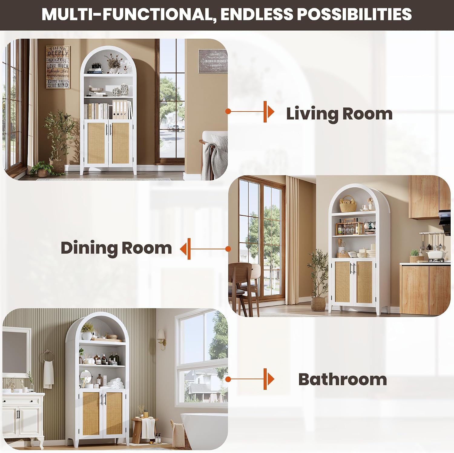 IDEALHOUSE Arched Kitchen Pantry Cabinet with Doors, 5 Tiers Open Boho Display Shelf with Rattan Decor, Farmhouse Storage Cabinet for Dining Room, Living Room, Bathroom, Home Office, White