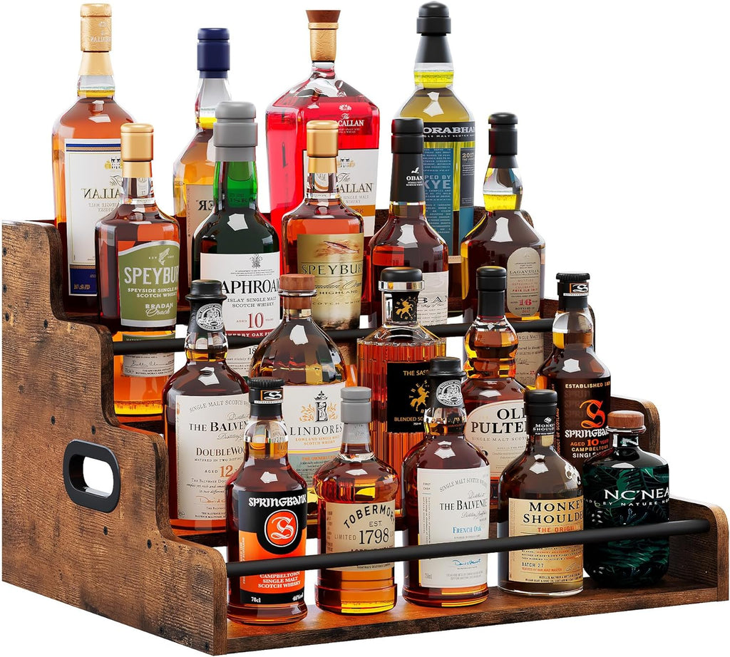 LIVELYGLOW 19.6”W x 15.74" D x 12.5" H Inches Versatile 4-Step Coffee Syrup & Water Bottle Organizer Rack Multi-Functional Retro Display Shelf for Kitchen or Bar, Holds Liquor & Spirits, Wooden