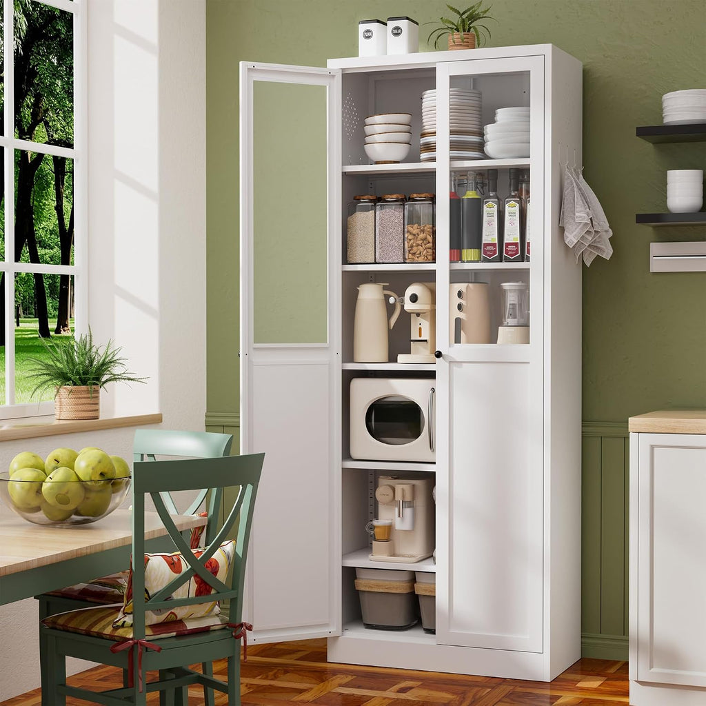 Storage Pantry Buffet Cabinet - 72" White Metal Tall Heavy-Duty Adjustable Freestanding Kitchen Pantry Cabinet with Doors Shelves for Kitchen Living Room Bathroom Garage Pantry