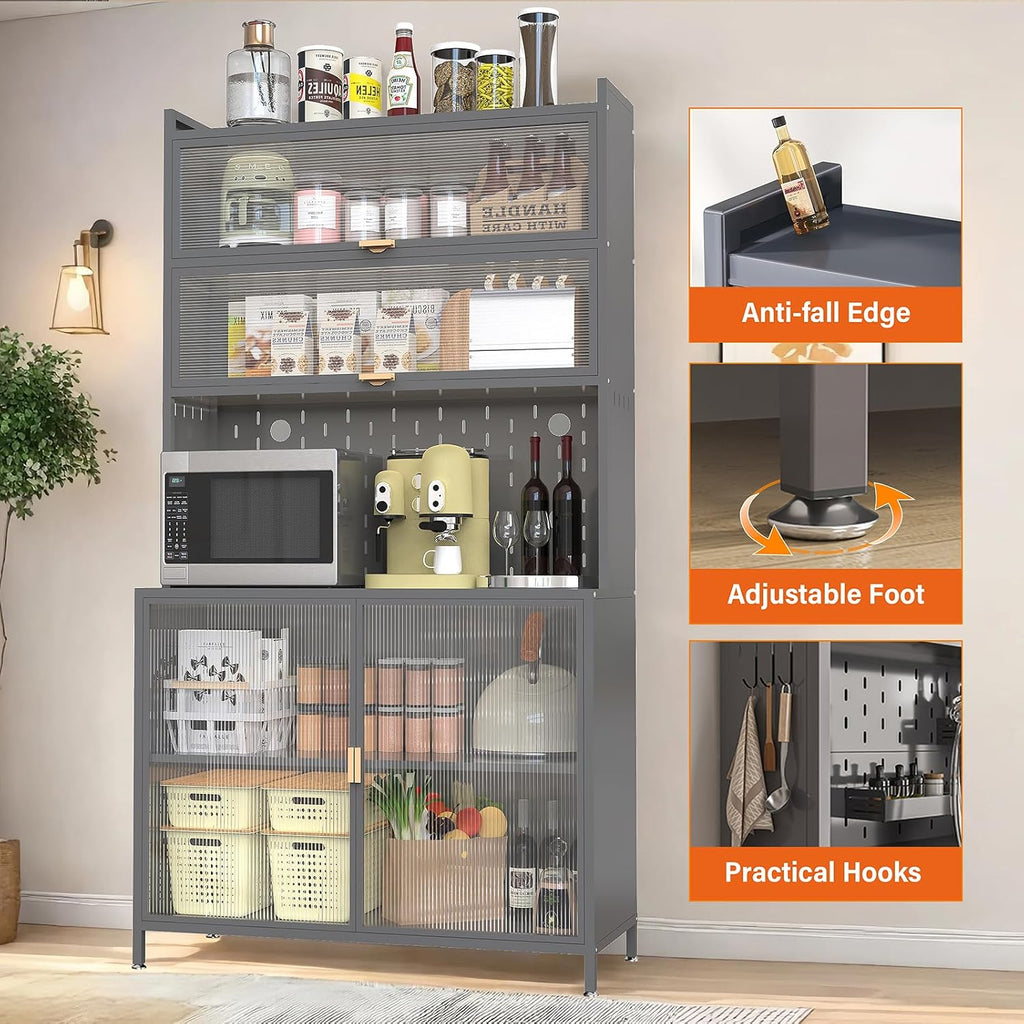 73" Tall Kitchen Pantry Cabinet, 6-Level Metal Storage with Flip Door, Pegboard, Microwave Shelf & Anti-Tip Design for Kitchen, Dining Room, Living Room,Grey