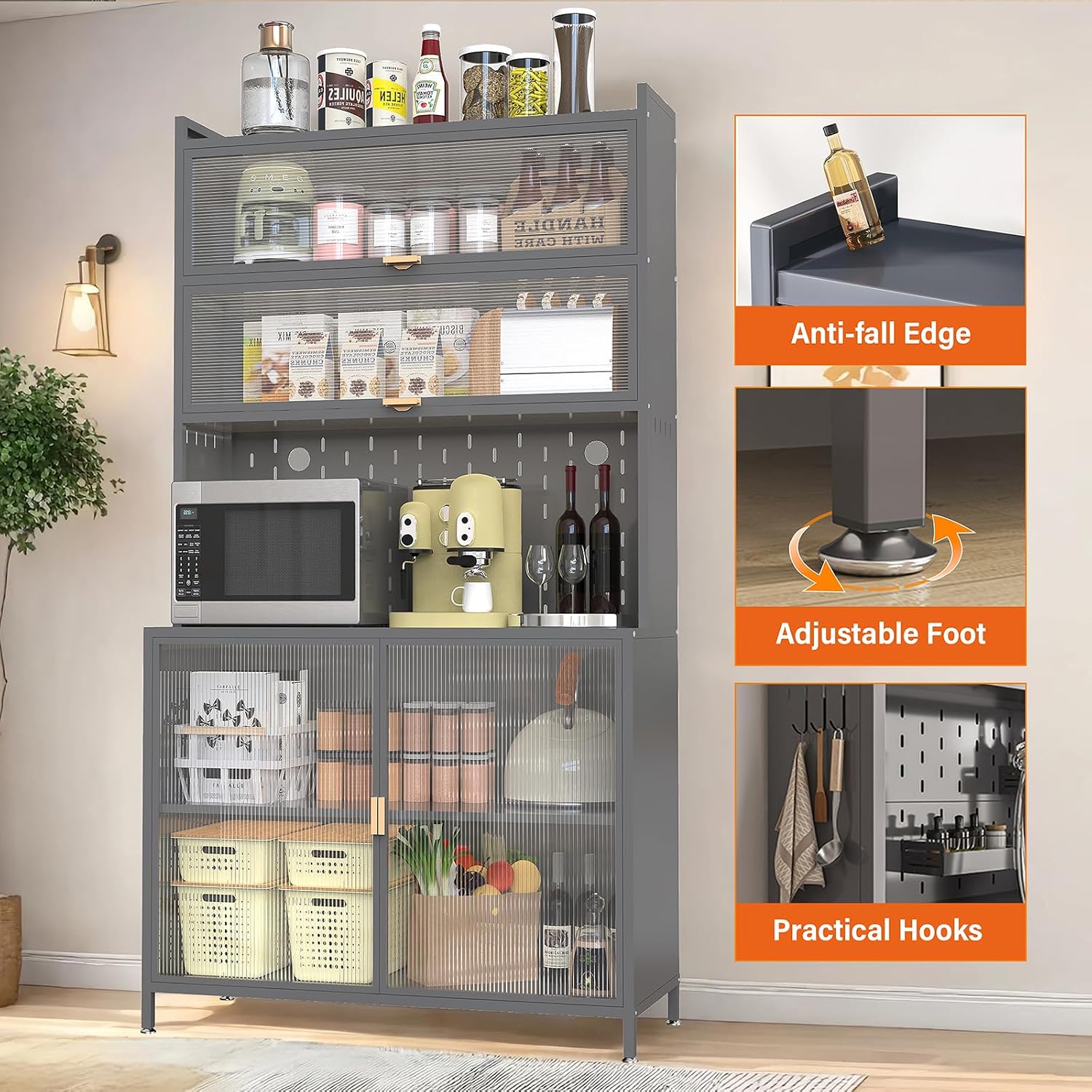 73" Tall Kitchen Pantry Cabinet, 6-Level Metal Storage with Flip Door, Pegboard, Microwave Shelf & Anti-Tip Design for Kitchen, Dining Room, Living Room,Grey