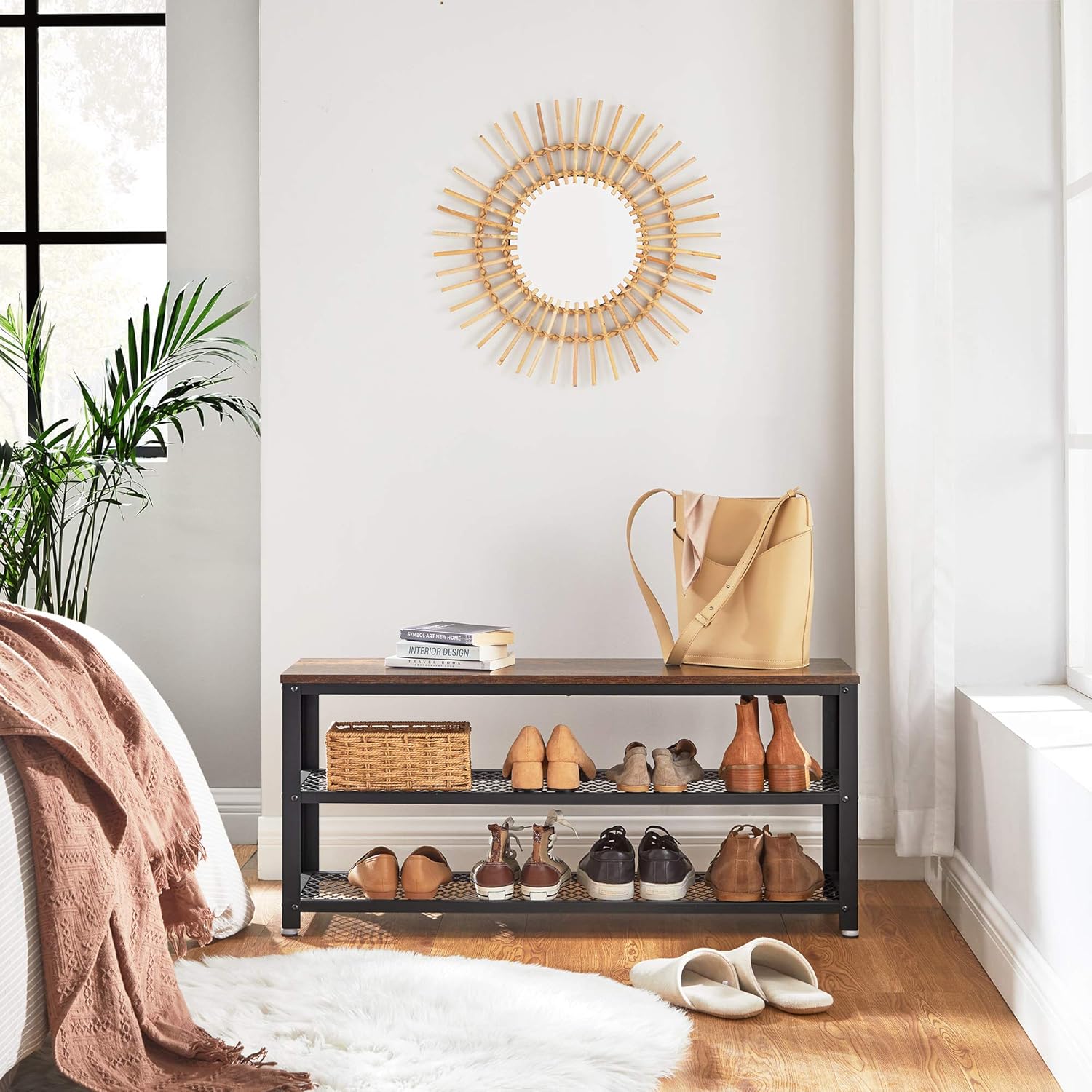 VASAGLE 3-Tier Shoe Rack, Shelf Storage Bench with Metal Mesh Shelves and Seat, Free Standing Shoe Organizer for Entryway, 11.8 x 39.4 x 17.7 Inches, Rustic Brown and Black ULBS078B01