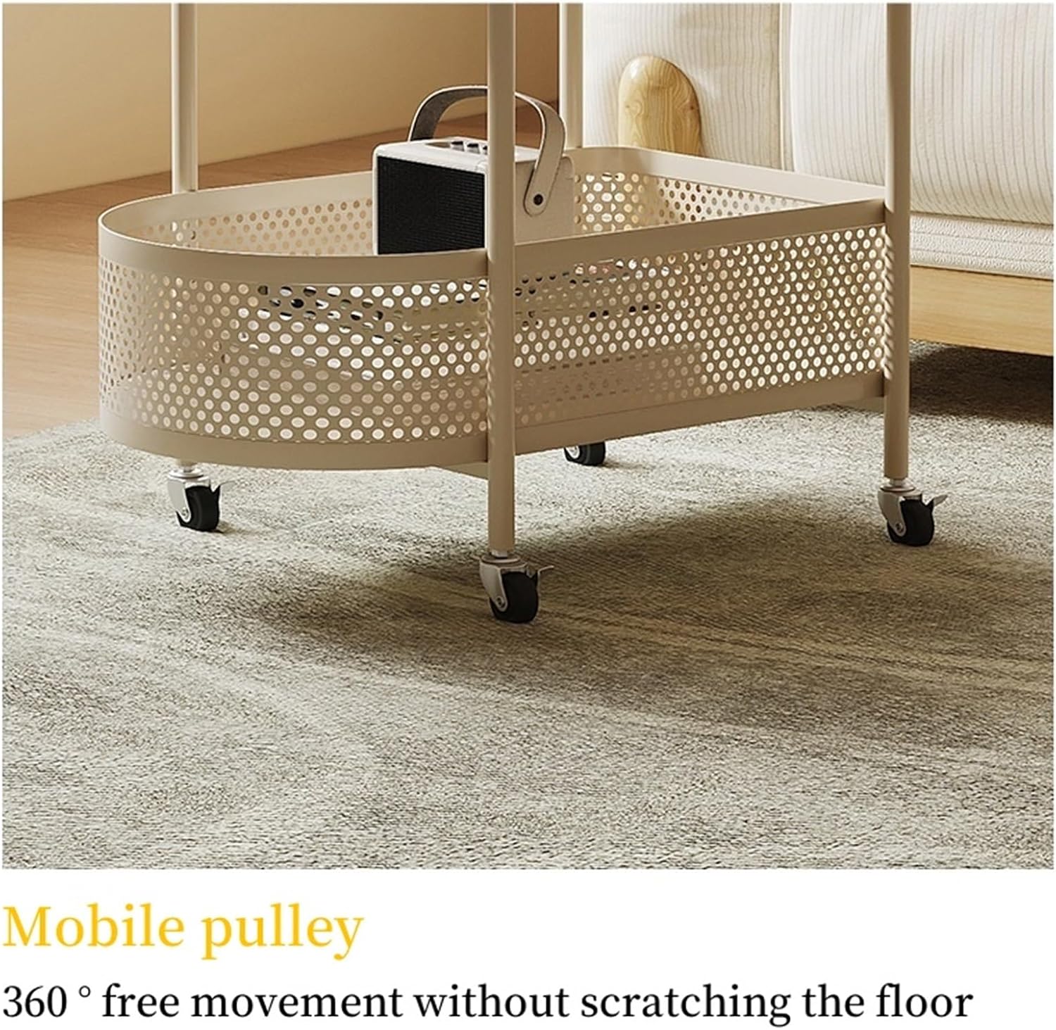 Sofa Side Table with Wheels Coffee Storage Cart Movable End Table with Storage Basket Iron Frame Small Coffee Tables for Living Room Multi Scenario Use(White)