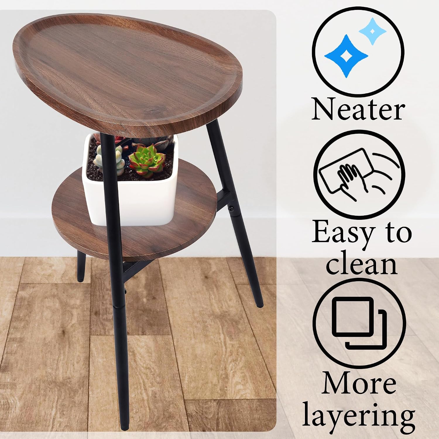 Side Table Small End Table, Oval Round Wood Sofa Table, 2 Tier Accent Table Nightstand Bedside Table with Metal Frame for Living Room, Bedroom, Small Spaces (Rustic Brown)