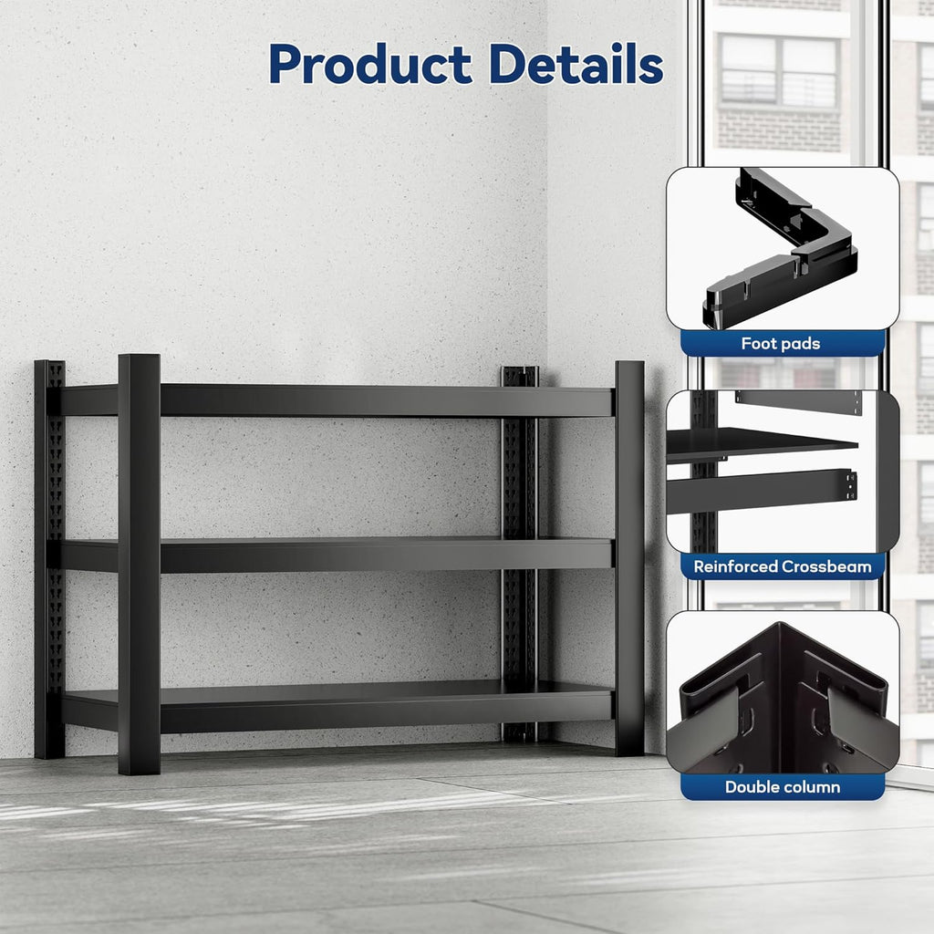 Wanfu Garage Shelving, 3 Tier Shelving Unit, 36" H x 36" W x 16" D Metal Storage Shelves, Adjustable Heavy Duty 3 Tier Shelf for Garage, Pantry, Kitchen, Basement-Black